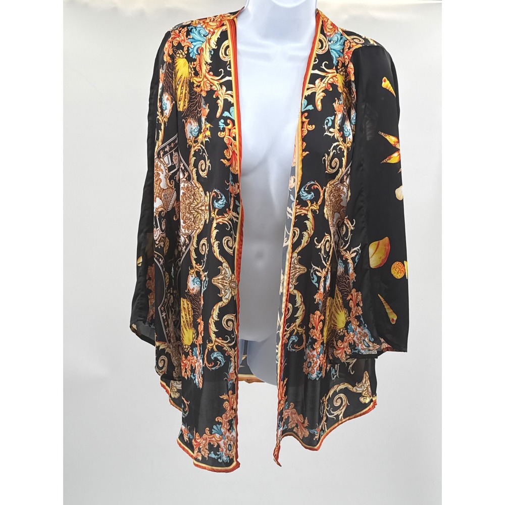 Ranee's 100% Silk Kimono Wrap Baroque Nautical Shell Print Black OS NWT